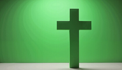Three-dimensional green cross illuminated softly, symbol of hope