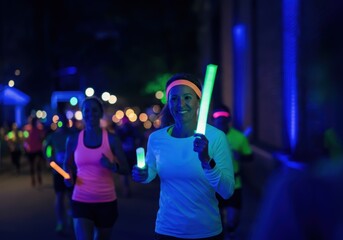 Nighttime fun run with neon glow sticks