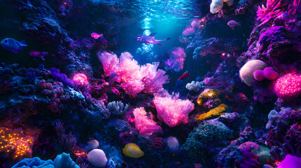 Fototapeta premium Explore a fantastical underwater realm adorned with rose-painted coral and luminous marine creatures, creating a dreamlike atmosphere of color and serenity. Bioluminescent Tidal Pools. Illustration