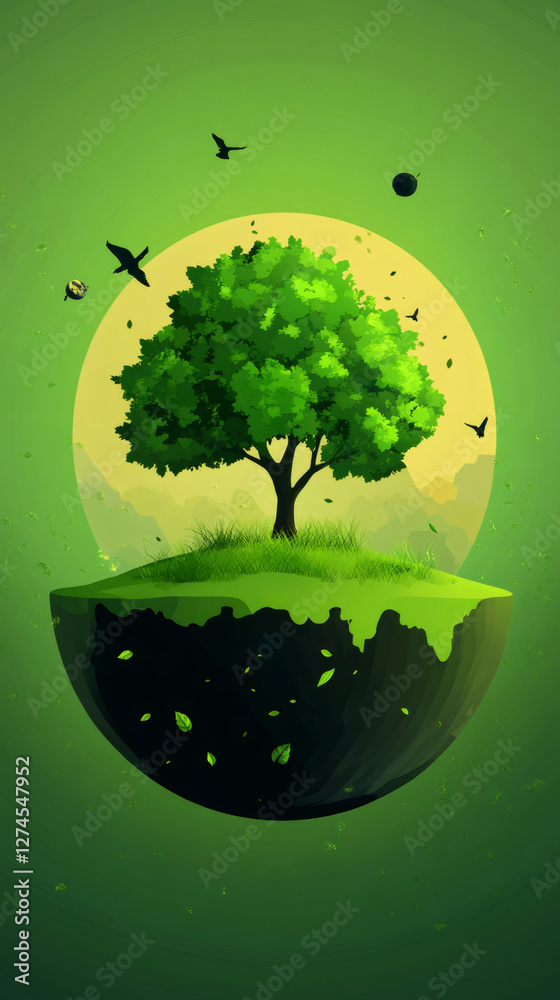Poster lush green tree growing on a small floating planet with birds flying, representing environmental con