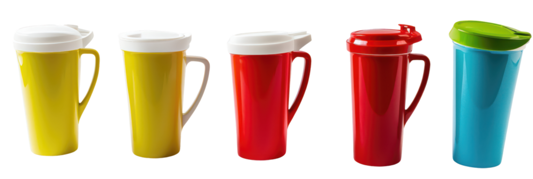 Colors Tumbler Cups Arranged in a Row from Different Angles, Highlighting the Lid, Handle, and Body Details on a White Background or transparent background