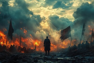  Warrior standing alone amid battlefield with burning fires, rising smoke, stormy clouds, dramatic atmosphere, intense emotion, courage, and determination.