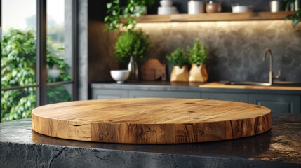 Fototapeta premium Clean kitchen interior with a round wood countertop, perfect for product montages or banners