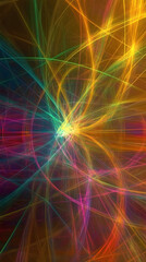 Obraz premium Abstract digital artwork with intersecting multicolor neon light lines on dark background