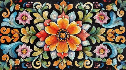 A vibrant floral design featuring intricate patterns and colorful blossoms on a dark background.