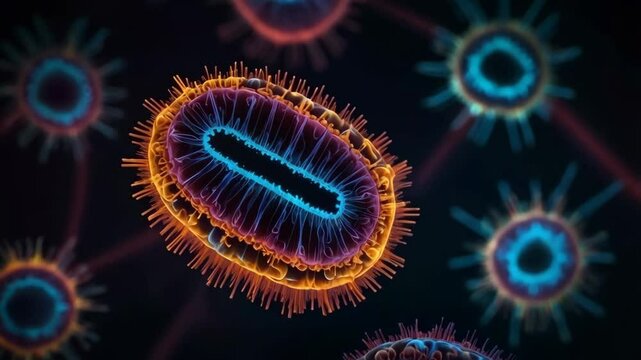 one bacteria of Mycoplasma pheumoniama. Microscopic View Reveals Vibrant Details of a Bacterium in Captivating Color at the Cellular Scale