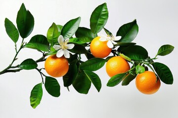 A striking display of nature with a tangerine branch featuring fruits and flowers.