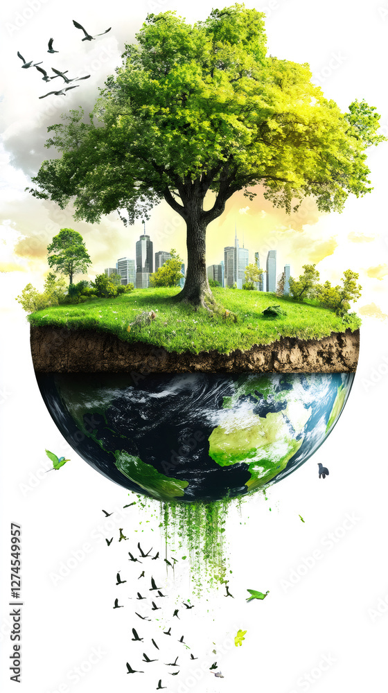 Poster urban landscape merging nature and architecture, green skyscrapers towering above planet, birds soar