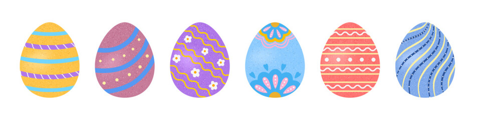 Set of vector Easter eggs with intricate decorations and pastel colors, ideal for holiday-themed designs, cards, and packaging