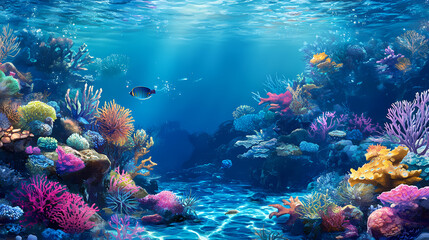 Naklejka premium Vibrant underwater ecosystems featuring diverse marine species lush coral reefs clear blue waters, fish, diversity, ocean, aquatic, life, habitat, seaweed. Bioluminescent Tidal Pools. Illustration