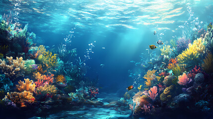 Naklejka premium Vibrant underwater ecosystems featuring diverse marine species lush coral reefs clear blue waters, fish, diversity, ocean, aquatic, life, habitat, seaweed. Bioluminescent Tidal Pools. Illustration