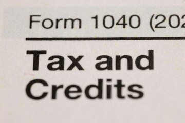 Tax Form: 1040 document focused on taxes and credits. Financial compliance, personal income, deductions, and fiscal responsibilities. Annual tax return.