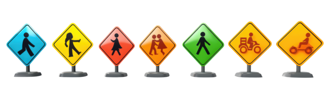 Traffic Sign Collection Showcasing School Crossing and Children at Play Symbols inWhite Background or transparent background