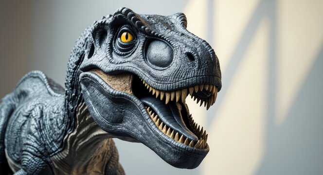 a fierce dinosaur emerges from the shadows showcasing its powerful jaws and intense gaze.