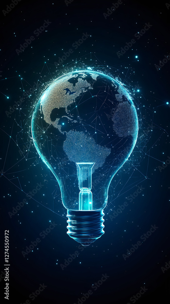 Poster light bulb containing planet earth with network connections, symbolizing global ideas and innovation