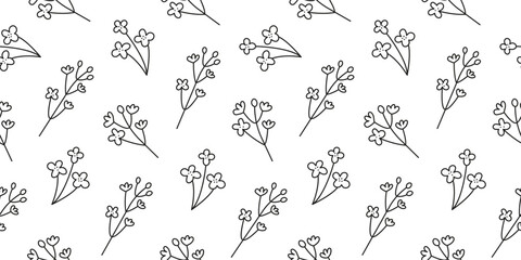 Black and white seamless pattern with doodle outline rapeseed canola flowers.