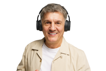 Older man smiles while wearing headphones and enjoying music at home during a relaxed moment