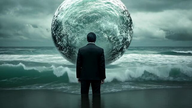 Standing at the shoreline, a man contemplates a large, luminous sphere hovering over turbulent waves during a stormy day