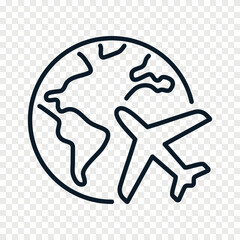 Flying plane around the globe outline icon isolated on PNG background