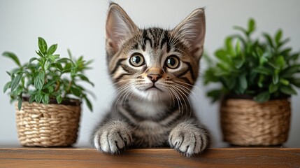 Cute tabby kitten looks up, plants background, home interior, pet adoption