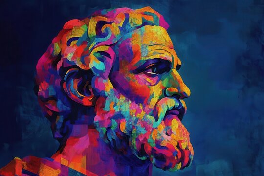 contemporary pop art portrait of aristotle with vibrant neon colors, geometric patterns, and bold brush strokes against deep blue background