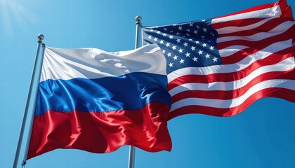 Obraz premium USA & Russia, Flags Flowing Together in Harmony