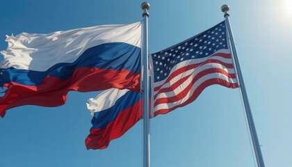American & Russian Flags, a Dance of Unity in the Wind