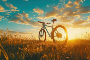 Naklejka premium Bicycle standing in grassy field during sunset with golden sky, symbolizing outdoor adventure, freedom, cycling, and connection with nature and open air.