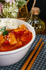 Delicious chicken in sweet and sour sauce.