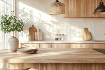 Modern hardwood kitchen with a blurred backdrop.