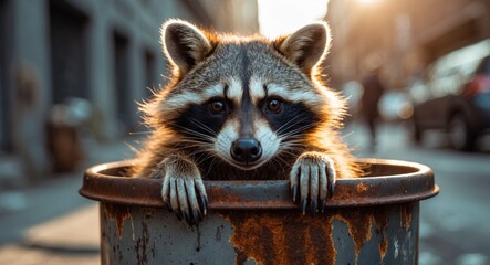 Raccoon curiously peering from a trash can in an urban setting during daytime hours.