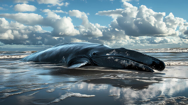 A massive whale has beached itself on the coast, offering a rare glimpse of its grandeur against the backdrop of fluffy clouds and rolling sea. Bioluminescent Tidal Pools. Illustration
