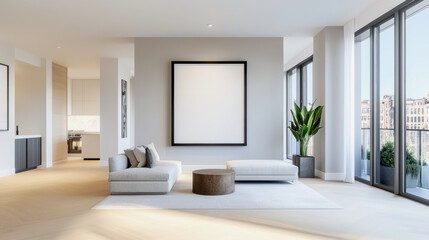 Fototapeta premium Modern living room with a blank frame mockup inviting creativity