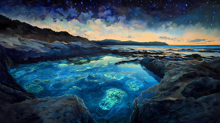Fototapeta premium Bioluminescent algae in a tide pool at night, illustration art. Bioluminescent Tidal Pools. Illustration