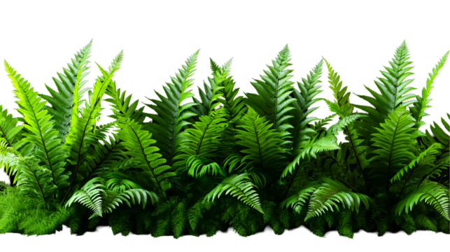 Green Ferns Lush Botanical Design, Dark Background with Wild Leaves for Summer Themes, isolated on transparent background.