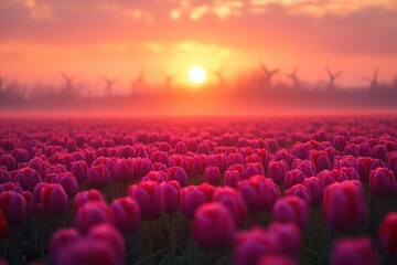 Fototapeta premium Endless pink tulip field under warm golden sunset, misty horizon with windmills in distance, serene countryside, dreamy springtime scenery, vibrant colors.