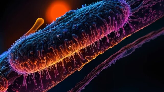 one bacteria of Mycoplasma pheumoniama. Microscopic View Reveals Vibrant Details of a Bacterium in Captivating Color at the Cellular Scale