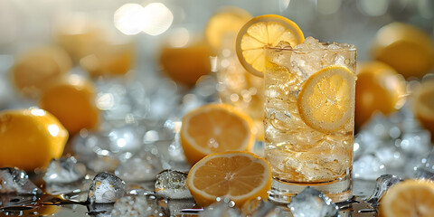 A refreshing glass of lemonade with ice sits in the bright sun. Citrus zest and vibrant color make it the perfect summer drink. Water droplets create a dynamic, juicy scene.
