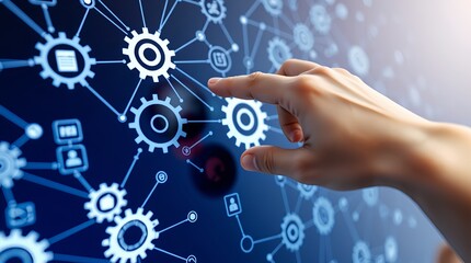 Obraz premium Interactive Digital Network Interface with Hand Touching Gears and Icons