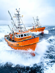 Obraz premium Two orange fishing boats in rough sea