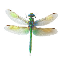 Vibrant green dragonfly with intricate details on white background