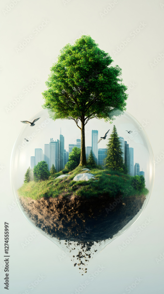 Poster Verdant landscape enclosed in shrinking transparent sphere, revealing fragile ecosystem merging urban environment with natural terrain