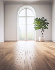 A lush green potted plant sits in a brightly lit, empty room with hardwood floors. Generative AI.