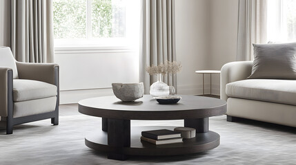 A large, round coffee table with two shelves, books and flowers on top
