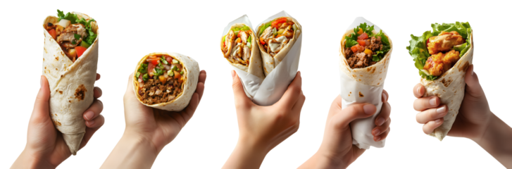 Collection set of hand holding burrito shawarma gyros wrap, different ingredients kebab beef cheese lamb chicken tomato chili vegetable lettuce on transparent cutout PNG. Mockup template for design