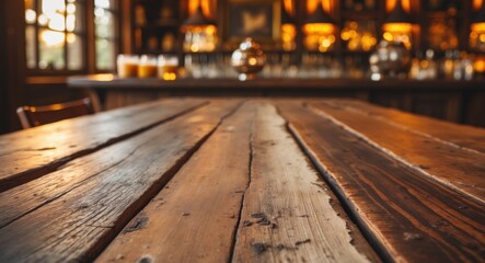 Obraz premium Rustic wooden table in cozy bar setting with warm lighting and inviting atmosphere