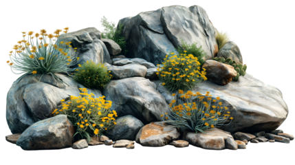 Rock Formation with Yellow Flowers Desert Landscape, Vibrant Botanical Garden Scene, isolated on transparent background.