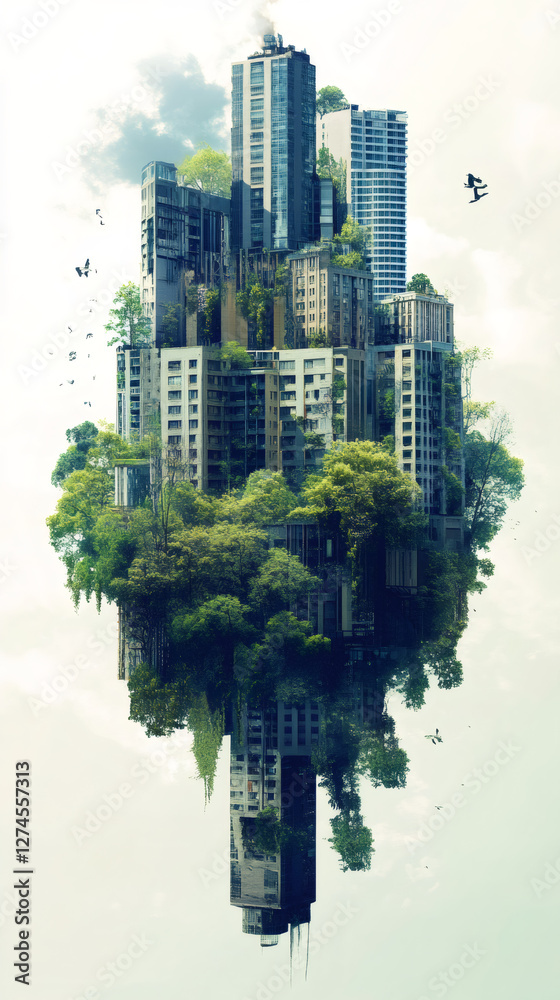 Poster surreal floating island city covered by trees and plants with birds flying around, representing the 