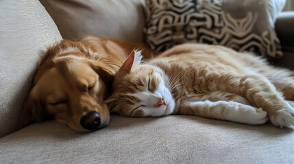 Sleeping dog and cat on couch, Cozy nap time for pets