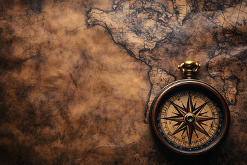 Vintage nautical map with an aged parchment texture, featuring an intricate compass rose and ancient cartographic details. Concept of exploration, adventure, and maritime navigation.

